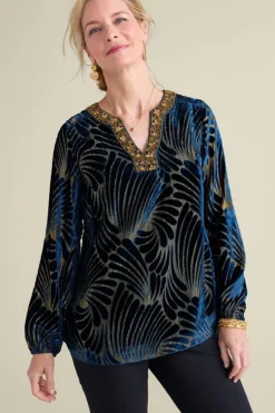 Discount Soft Surroundings Adrienne Embroidered Velvet Tunic BlueSwirlVelvetBurnout