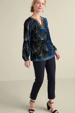 Discount Soft Surroundings Adrienne Embroidered Velvet Tunic BlueSwirlVelvetBurnout