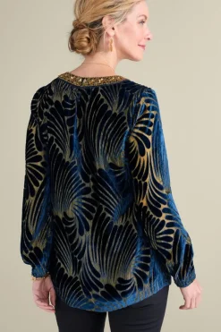 Discount Soft Surroundings Adrienne Embroidered Velvet Tunic BlueSwirlVelvetBurnout