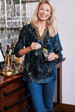 Discount Soft Surroundings Adrienne Embroidered Velvet Tunic BlueSwirlVelvetBurnout