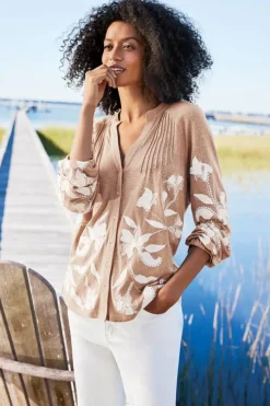 Clearance Soft Surroundings Alva Embroidered Knit Top Beige