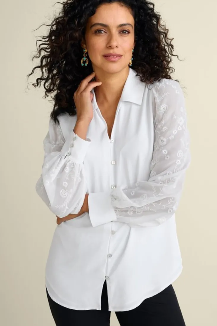 Best Soft Surroundings Calathea Embroidered Sleeve Shirt White