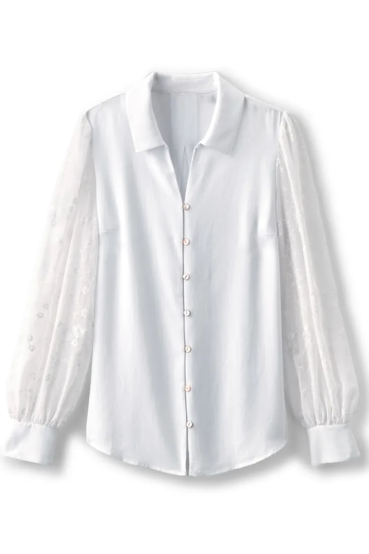 Best Soft Surroundings Calathea Embroidered Sleeve Shirt White