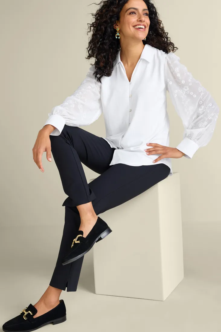 Best Soft Surroundings Calathea Embroidered Sleeve Shirt White