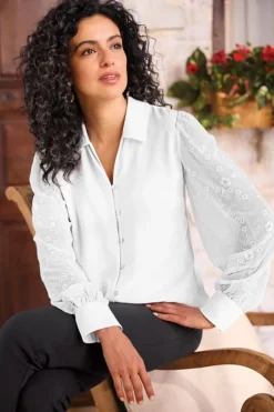 Best Soft Surroundings Calathea Embroidered Sleeve Shirt White