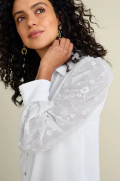 Best Soft Surroundings Calathea Embroidered Sleeve Shirt White