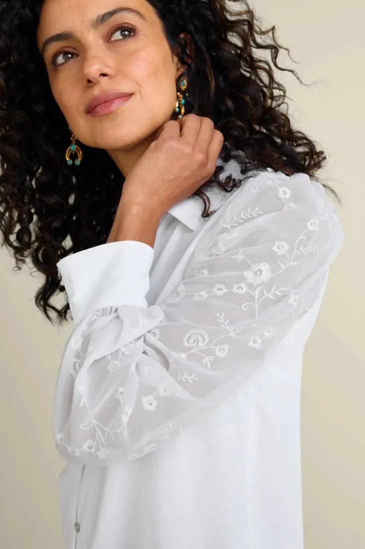 Best Soft Surroundings Calathea Embroidered Sleeve Shirt White