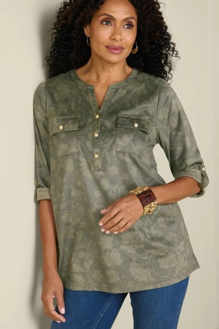 Online Soft Surroundings Charine Faux Suede Tunic FloralScarfGreen