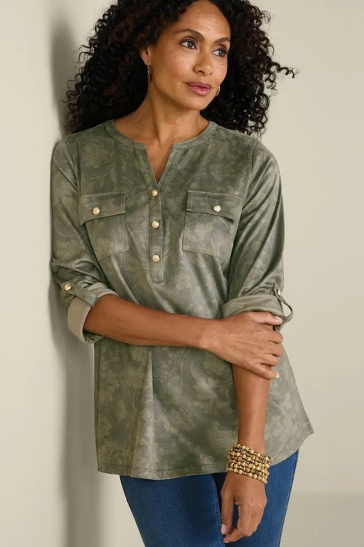 Online Soft Surroundings Charine Faux Suede Tunic FloralScarfGreen