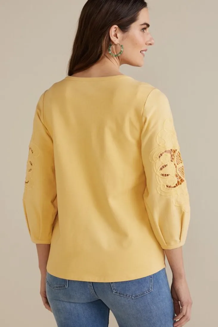 Discount Soft Surroundings Charmaine Embroidered French Terry Top BuffYellow