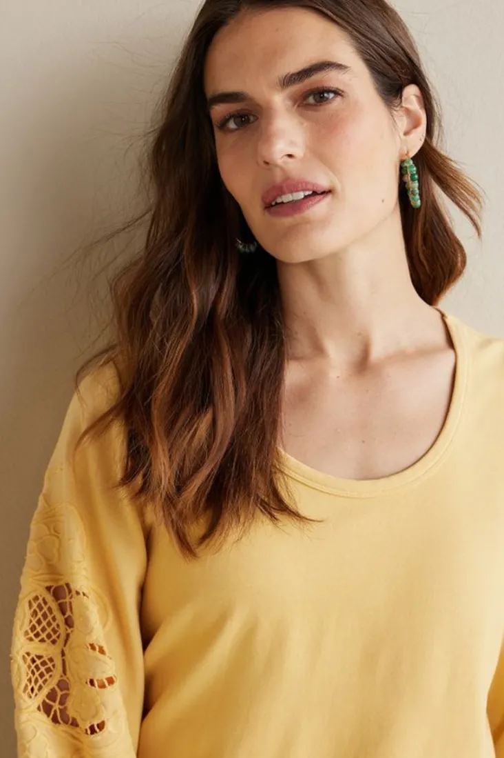 Discount Soft Surroundings Charmaine Embroidered French Terry Top BuffYellow