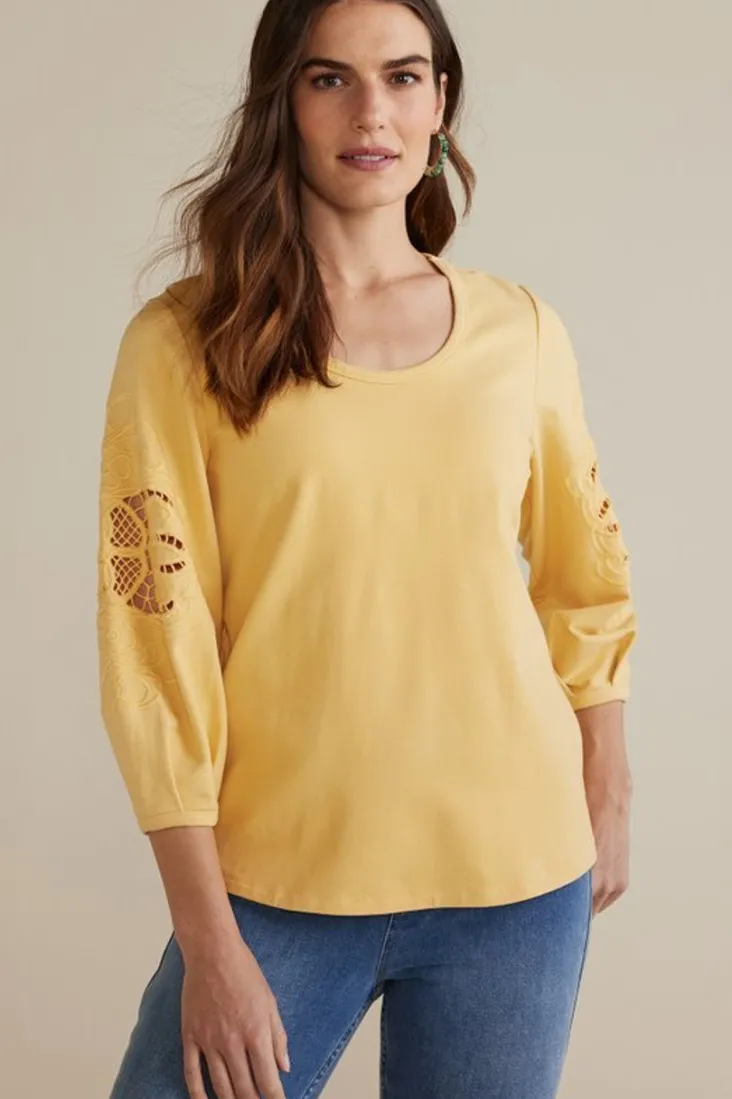 Discount Soft Surroundings Charmaine Embroidered French Terry Top BuffYellow