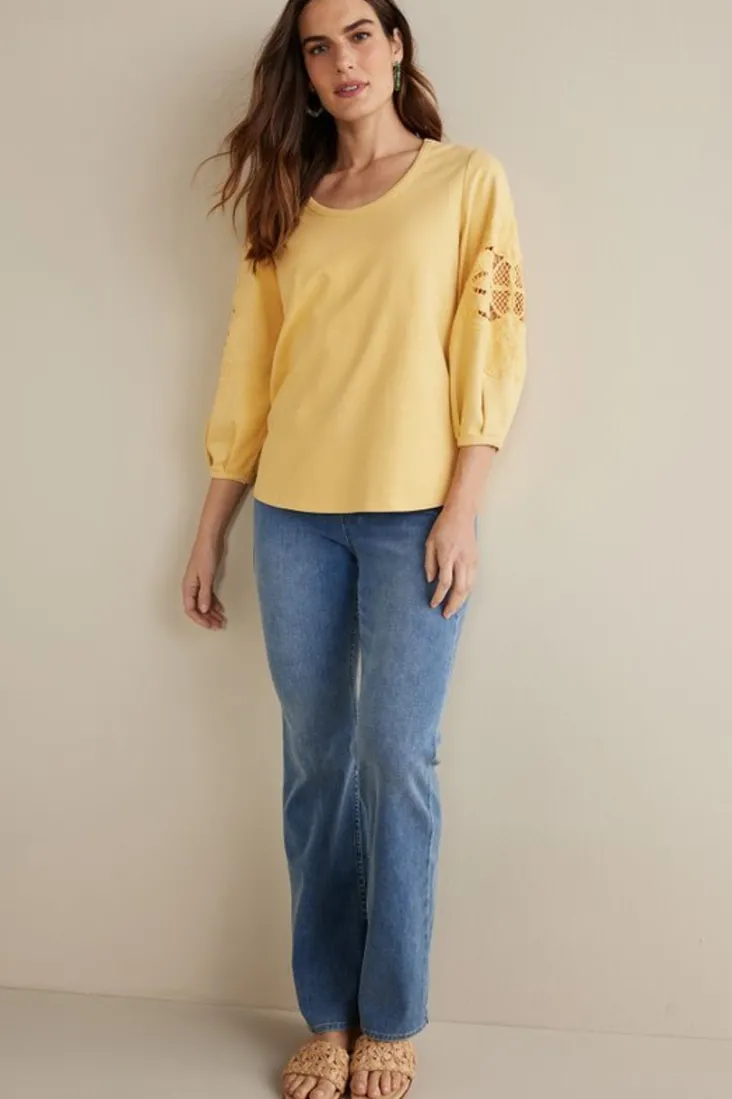 Discount Soft Surroundings Charmaine Embroidered French Terry Top BuffYellow