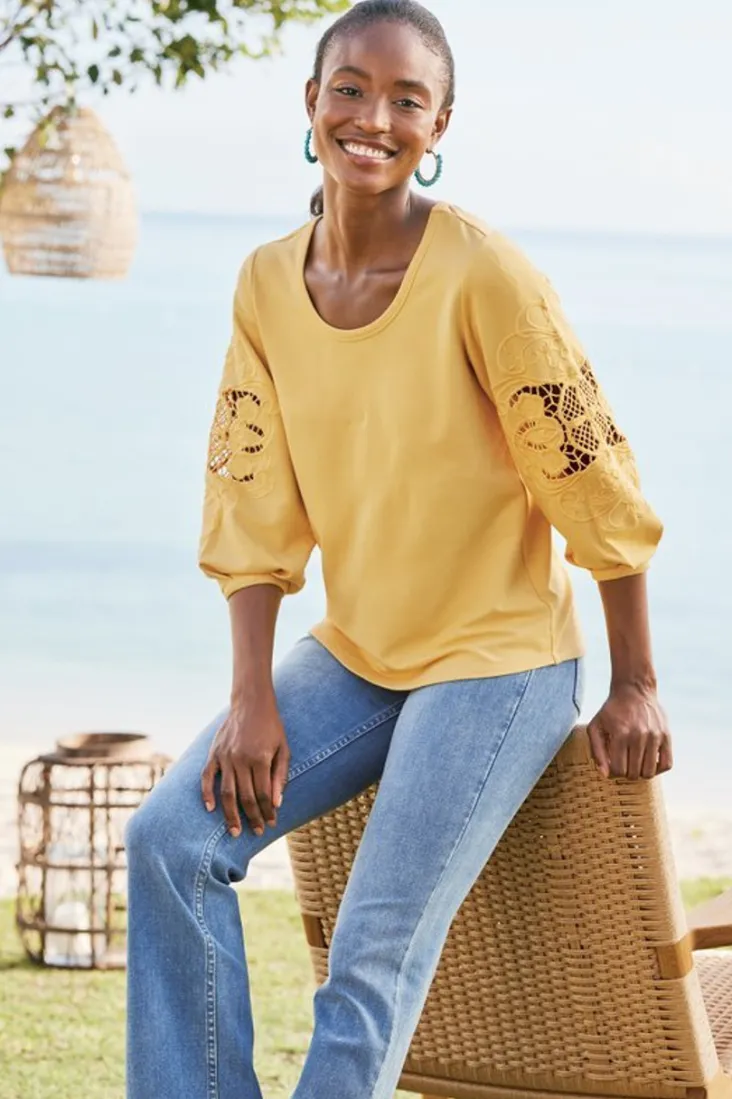 Discount Soft Surroundings Charmaine Embroidered French Terry Top BuffYellow
