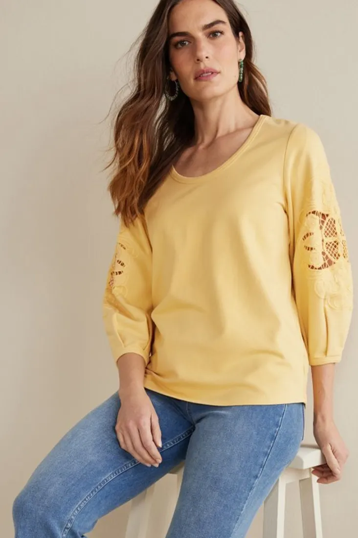 Discount Soft Surroundings Charmaine Embroidered French Terry Top BuffYellow