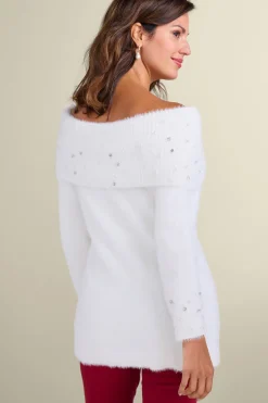 New Soft Surroundings Christina Embellished Cowl Neck Sweater Tunic IvoryPearl