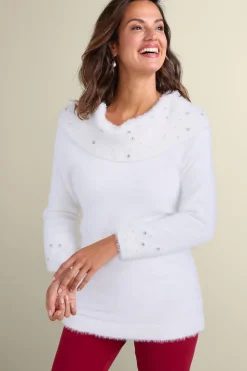 New Soft Surroundings Christina Embellished Cowl Neck Sweater Tunic IvoryPearl