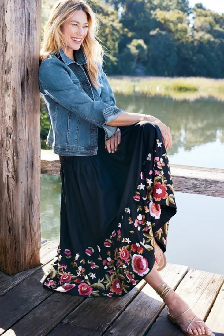 New Soft Surroundings Cindi Embroidered Maxi Skirt Black