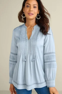 Outlet Soft Surroundings Connie Lace Trim Crepe Top BlueFog