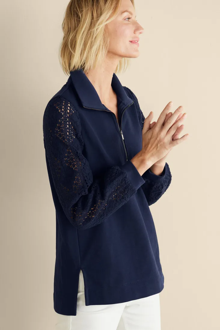 Online Soft Surroundings Crochet Sleeve French Terry Tunic