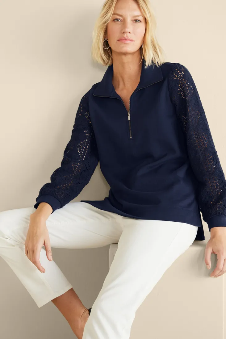 Online Soft Surroundings Crochet Sleeve French Terry Tunic