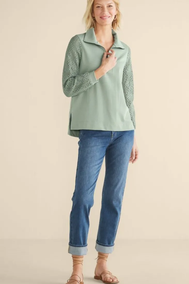 Online Soft Surroundings Crochet Sleeve French Terry Tunic