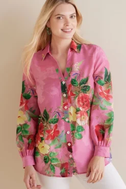 Discount Soft Surroundings Danica Embellished Shirt Red/PinkFloral