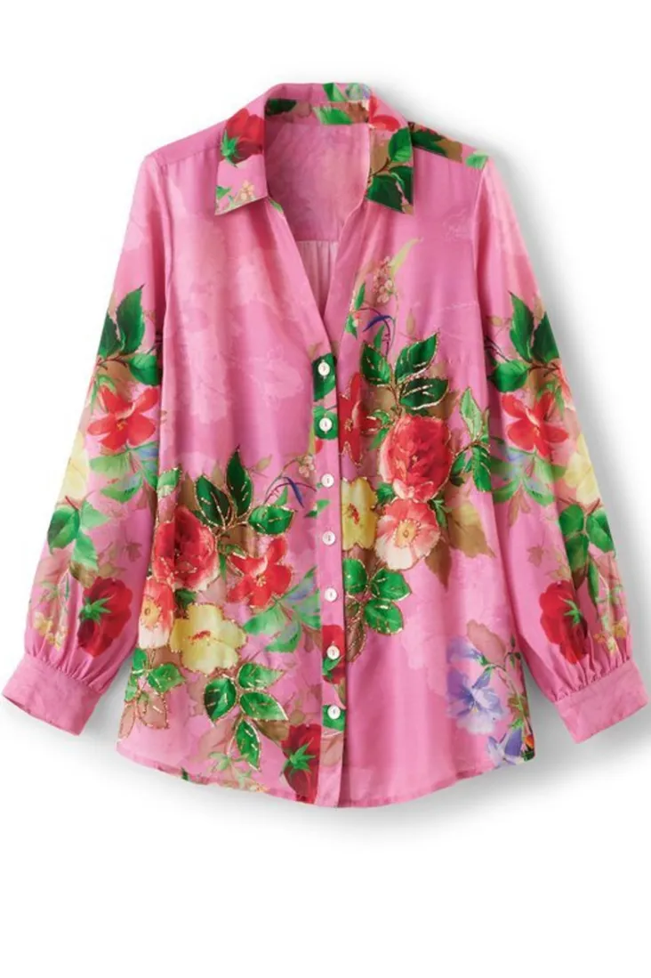 Discount Soft Surroundings Danica Embellished Shirt Red/PinkFloral