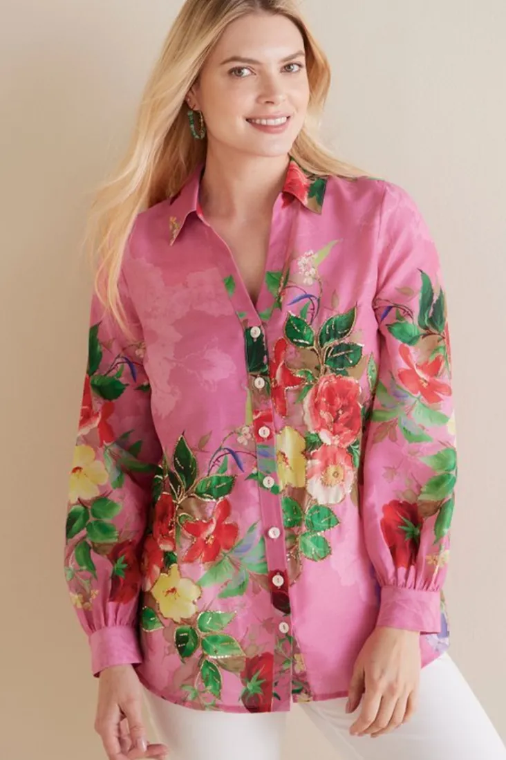Discount Soft Surroundings Danica Embellished Shirt Red/PinkFloral