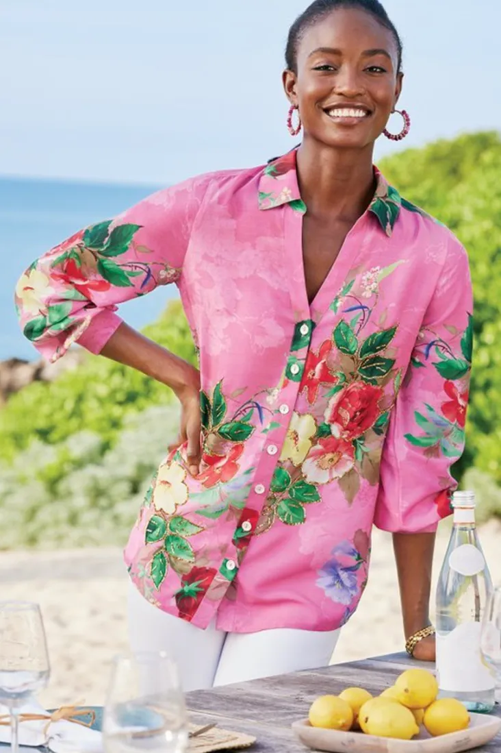 Discount Soft Surroundings Danica Embellished Shirt Red/PinkFloral