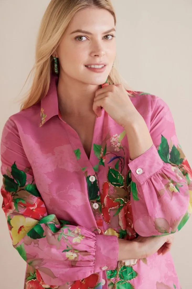 Discount Soft Surroundings Danica Embellished Shirt Red/PinkFloral