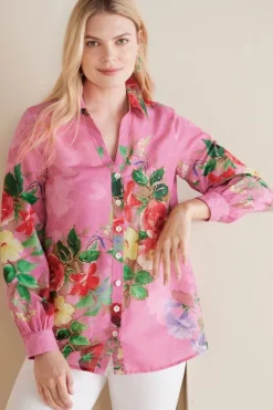 Discount Soft Surroundings Danica Embellished Shirt Red/PinkFloral