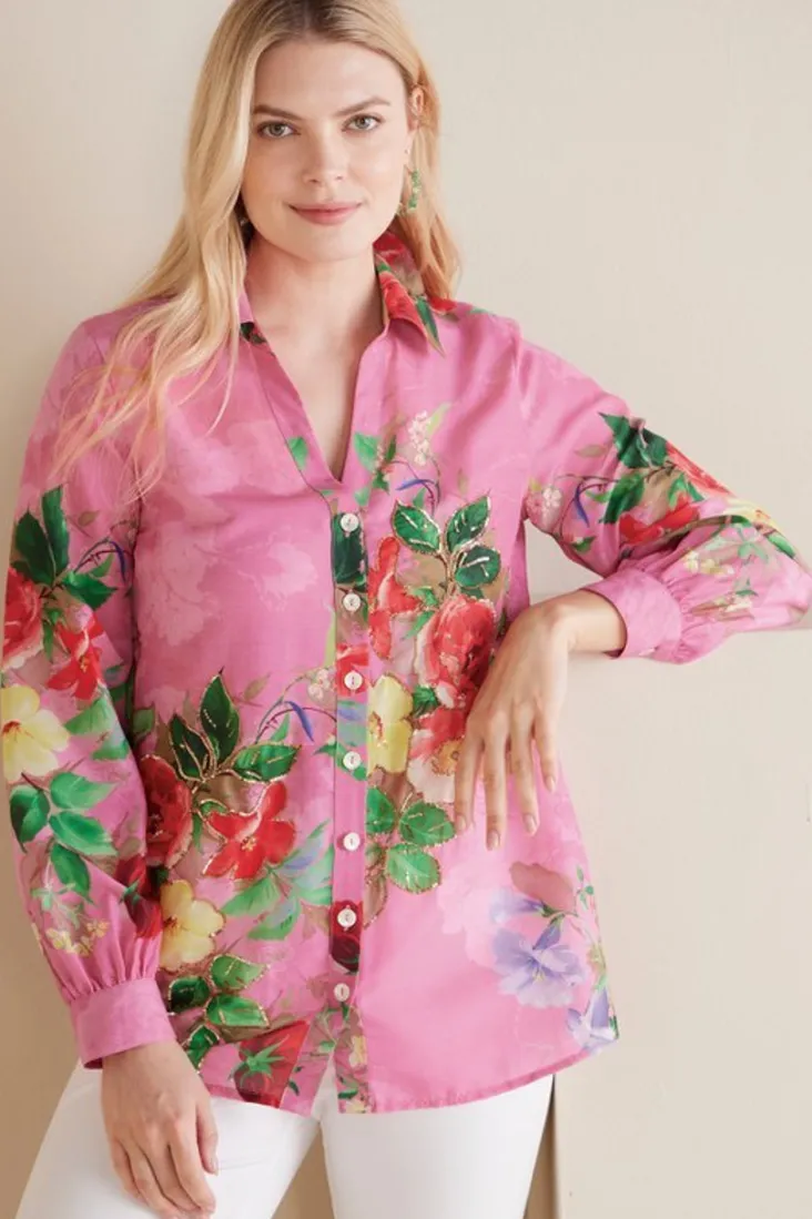 Discount Soft Surroundings Danica Embellished Shirt Red/PinkFloral