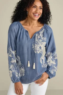 Online Soft Surroundings Diya Embroidered Tencel™ Peasant Top MediumWash