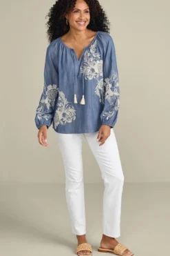 Online Soft Surroundings Diya Embroidered Tencel™ Peasant Top MediumWash