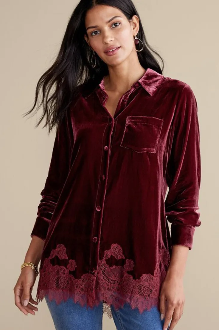 Soft Surroundings Eden Velvet and Lace Shirt