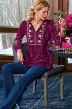 New Soft Surroundings Evelyne Embroidered Velvet Tunic MagentaPurple