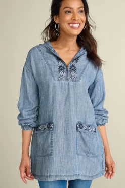 Best Soft Surroundings Evie Embroidered Tencel Hoodie WashedBlue