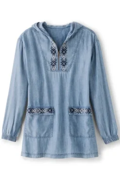 Best Soft Surroundings Evie Embroidered Tencel Hoodie WashedBlue