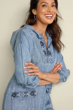 Best Soft Surroundings Evie Embroidered Tencel Hoodie WashedBlue
