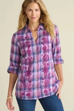 Sale Soft Surroundings Gracie Embroidered Plaid Big Shirt BayAreaPlaid
