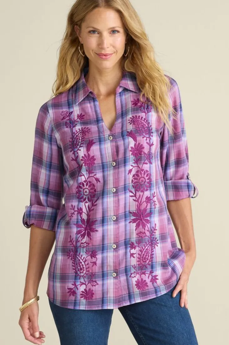 Sale Soft Surroundings Gracie Embroidered Plaid Big Shirt BayAreaPlaid