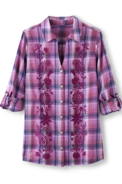 Sale Soft Surroundings Gracie Embroidered Plaid Big Shirt BayAreaPlaid