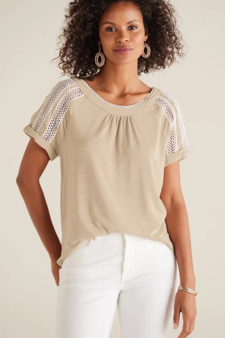 New Soft Surroundings Halle Short Sleeve Top LightTaupe