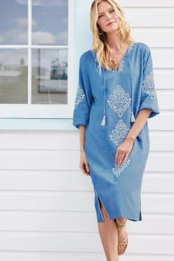 Soft Surroundings Hasana Linen Blend Midi Dress RiversideBlue