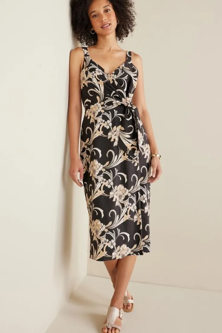 New Soft Surroundings Isla Stretch Linen Midi Dress GoldenBotanicals