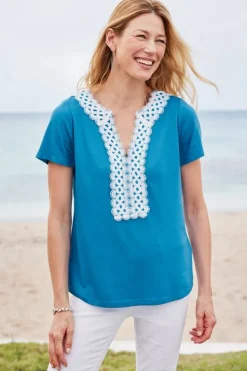 New Soft Surroundings Kaitlyn Embellished Knit Tee SwedishBlue