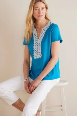 New Soft Surroundings Kaitlyn Embellished Knit Tee SwedishBlue
