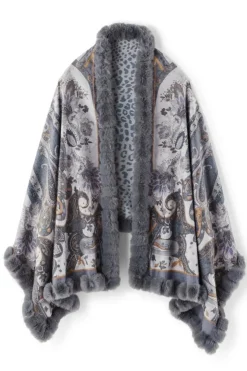 New Soft Surroundings Katya Faux Fur Trim Wrap Scarf Gray
