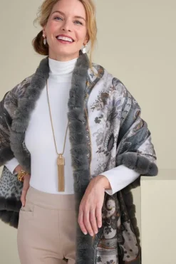 New Soft Surroundings Katya Faux Fur Trim Wrap Scarf Gray